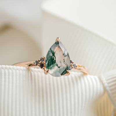 Unusual engagement ring with moss agate and diamonds ALBRUNA