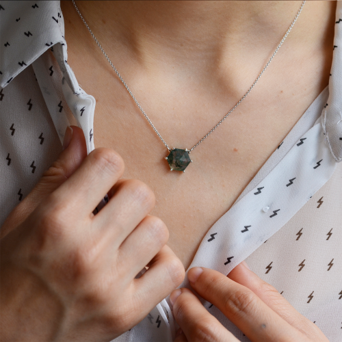 Gold pendant with hexagon moss agate ALISI