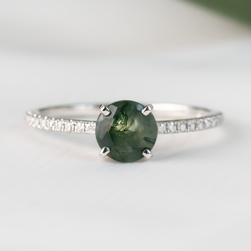 Gold engagement ring with moss agate and moissanites ARWEN