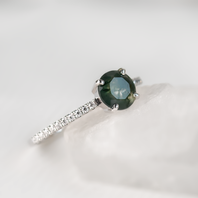 Gold engagement ring with moss agate and moissanites ARWEN