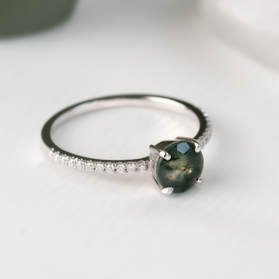 Gold engagement ring with moss agate and moissanites ARWEN