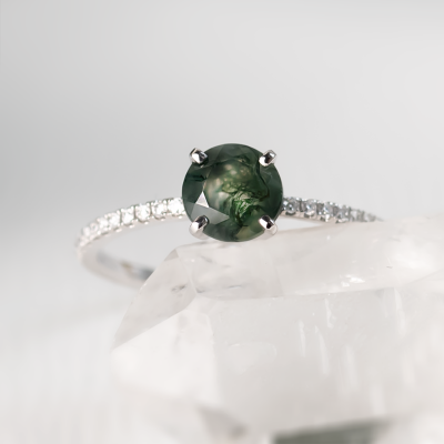 Gold engagement ring with moss agate and moissanites ARWEN