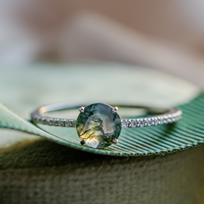 Gold engagement ring with moss agate and moissanites ARWEN