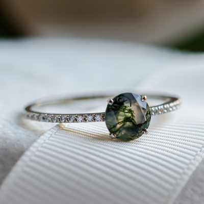 Gold engagement ring with moss agate and moissanites ARWEN