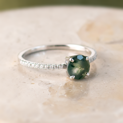 Gold engagement ring with moss agate and moissanites ARWEN