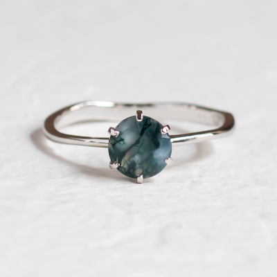 Unusual engagement ring with moss agate and organic bezel AVERIL