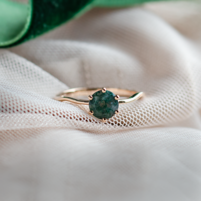 Unusual engagement ring with moss agate and organic bezel AVERIL