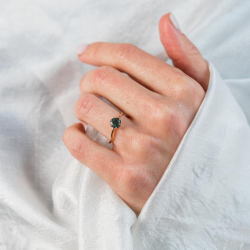 Unusual engagement ring with moss agate and organic bezel AVERIL