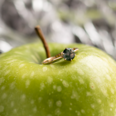 Unusual engagement ring with moss agate and organic bezel AVERIL