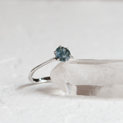 Unusual engagement ring with moss agate and organic bezel AVERIL