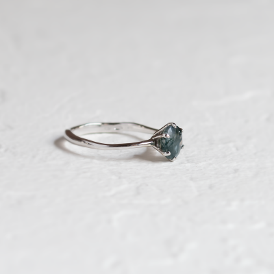 Unusual engagement ring with moss agate and organic bezel AVERIL