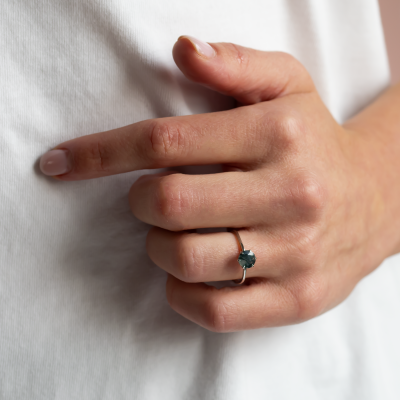 Unusual engagement ring with moss agate and organic bezel AVERIL