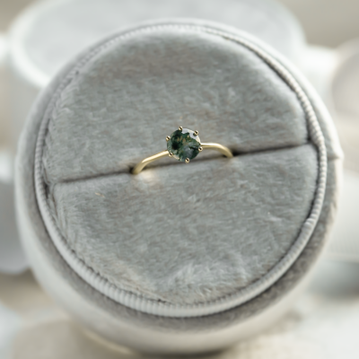 Unusual engagement ring with moss agate and organic bezel AVERIL