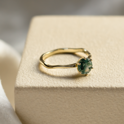 Unusual engagement ring with moss agate and organic bezel AVERIL