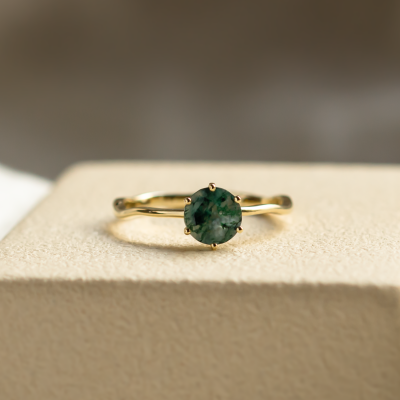 Unusual engagement ring with moss agate and organic bezel AVERIL