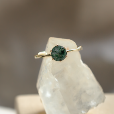 Unusual engagement ring with moss agate and organic bezel AVERIL