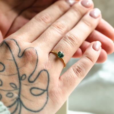 Unusual engagement ring with moss agate and organic bezel AVERIL