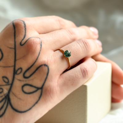 Unusual engagement ring with moss agate and organic bezel AVERIL