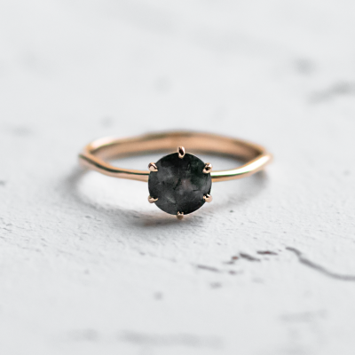 Unusual engagement ring with moss agate and organic bezel AVERIL