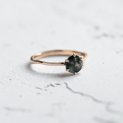 Unusual engagement ring with moss agate and organic bezel AVERIL