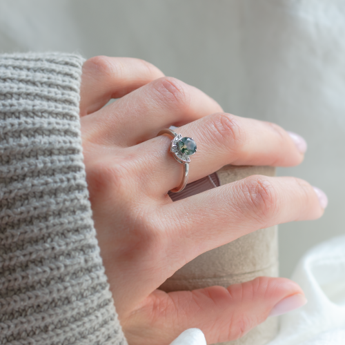 Unique gold moss agate ring with diamonds BILBO