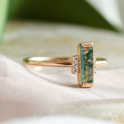 Unusual engagement ring with baguette moss agate and diamonds BRONTE