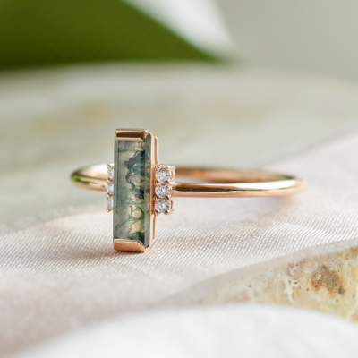 Unusual engagement ring with baguette moss agate and diamonds BRONTE