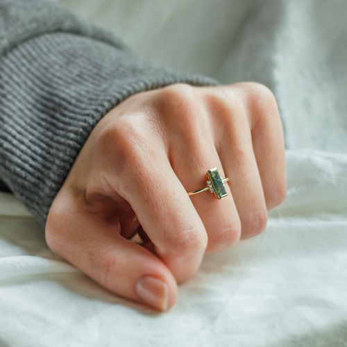 Unusual engagement ring with baguette moss agate and diamonds BRONTE