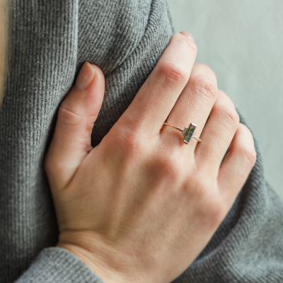 Unusual engagement ring with baguette moss agate and diamonds BRONTE