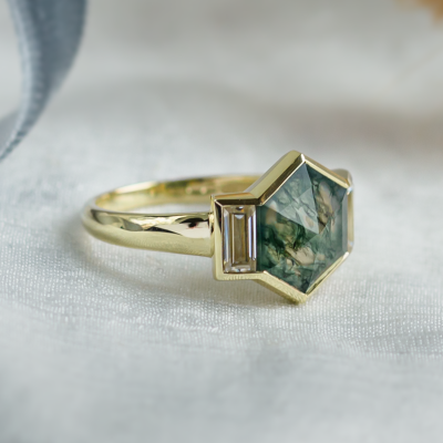 Original ring with moss agate and moissanites CALEN