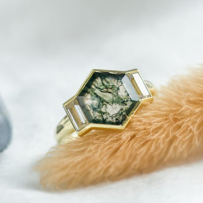 Original ring with moss agate and moissanites CALEN