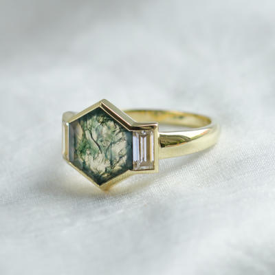 Original ring with moss agate and moissanites CALEN