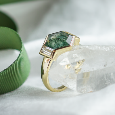 Original ring with moss agate and moissanites CALEN