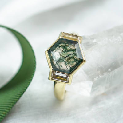 Original ring with moss agate and moissanites CALEN