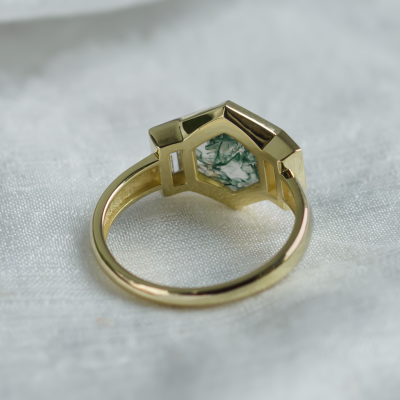 Original ring with moss agate and moissanites CALEN