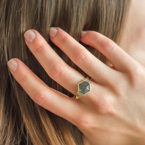 Original ring with moss agate and moissanites CALEN