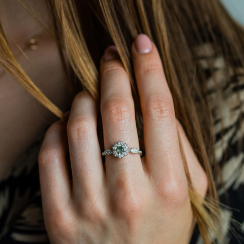 Vintage engagement ring with moss agate and diamonds CALLIN