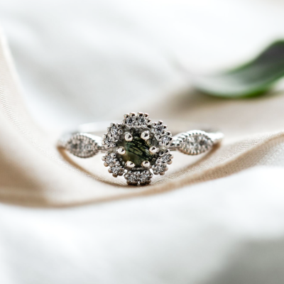 Vintage engagement ring with moss agate and diamonds CALLIN