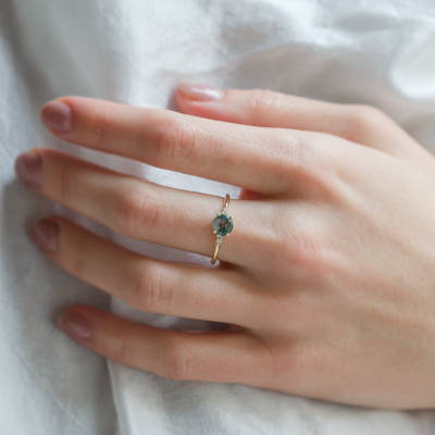 Unusual engagement ring with moss agate and diamonds CAMILA