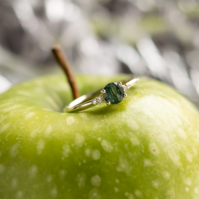 Unusual engagement ring with moss agate and diamonds CAMILA