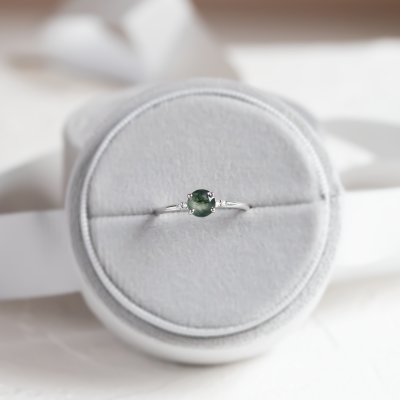 Unusual engagement ring with moss agate and diamonds CAMILA