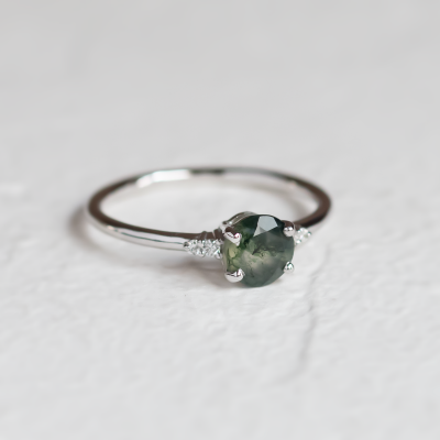 Unusual engagement ring with moss agate and diamonds CAMILA