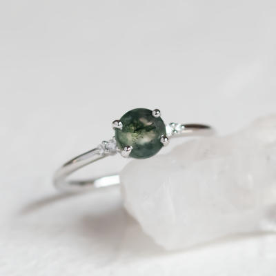 Unusual engagement ring with moss agate and diamonds CAMILA