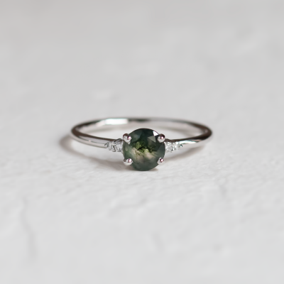 Unusual engagement ring with moss agate and diamonds CAMILA