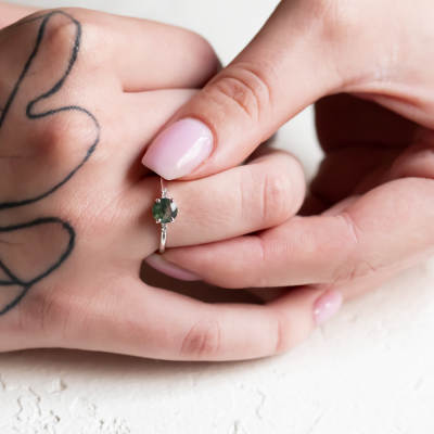 Unusual engagement ring with moss agate and diamonds CAMILA