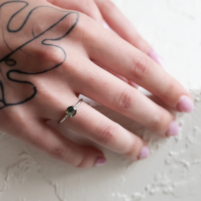 Unusual engagement ring with moss agate and diamonds CAMILA