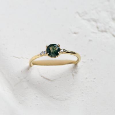 Unusual engagement ring with moss agate and diamonds CAMILA