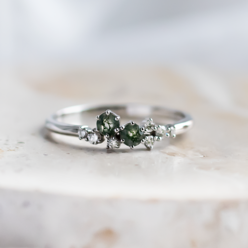 Originální cluster prsten s mechovými acháty a diamanty CLARION