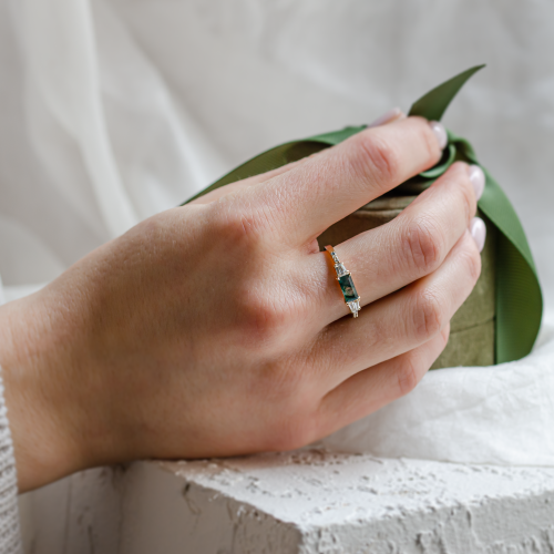 Ring in art deco style with moss agate and moissanites DINETH