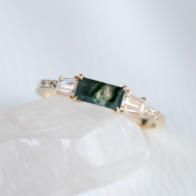 Ring in art deco style with moss agate and moissanites DINETH